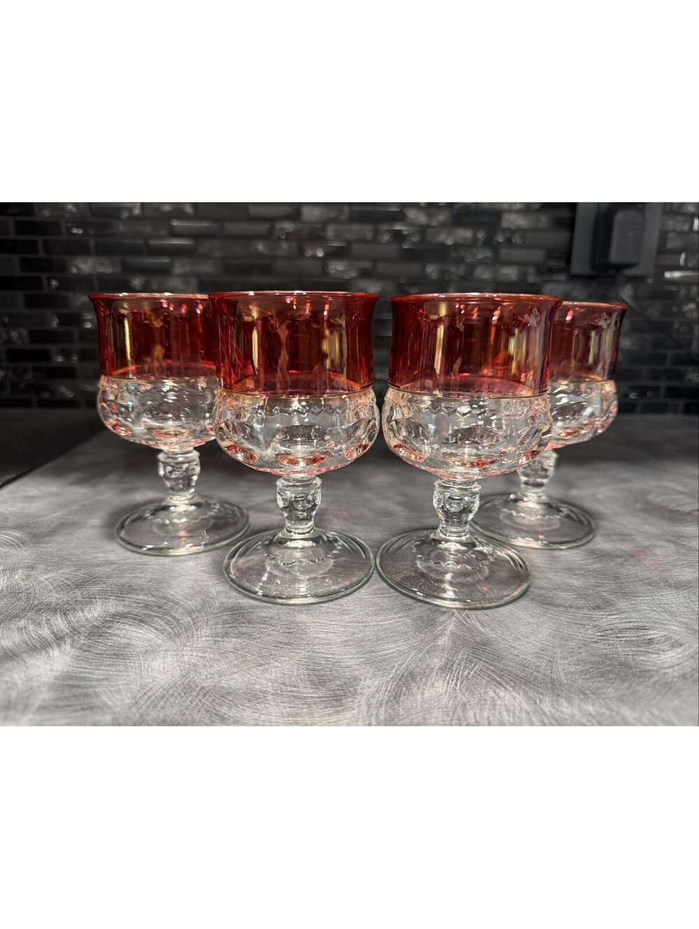 Set Of 4 Vintage Indiana Glass Kings Crown Ruby Red Rim Goblets Cordials